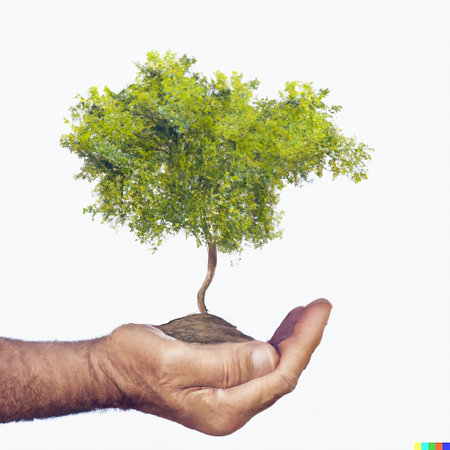 A Hand Holding Tree. Tree Growing on Hand Palm. Generative AI.の素材