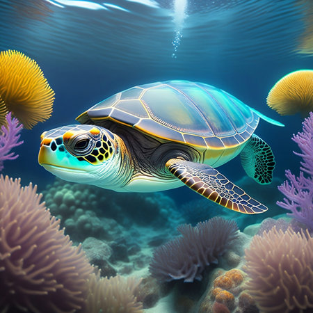 Sea Turtle Swimming Underwater During Daylight. Generative AI. AI.の素材