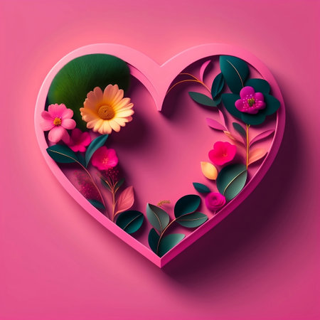 Red Heart Shape Flat lay with Flowers Inside on Pink Background. Romantic. Romance. Love. Generative AI. AIの素材
