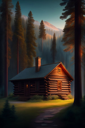 Beautiful Small Cabin in The Woods. Generative Ai. Aiの素材