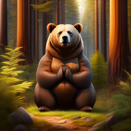 Brown Bear Doing Yoga Poses in the Forest. Generative Ai. Ai.の素材