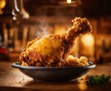 Hot Crispy Cheesy Fried Chicken Drumsticks Served With Mashed Potatoes. Rustic Background. Generative Ai. Aiの素材