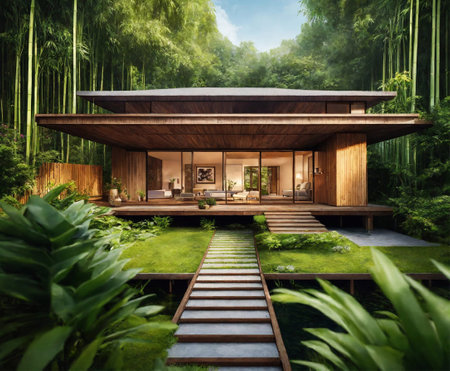 Japanese Style Modern Bamboo House Surrounded by Green Bamboo Tree Forest. Generative Ai. Aiの素材