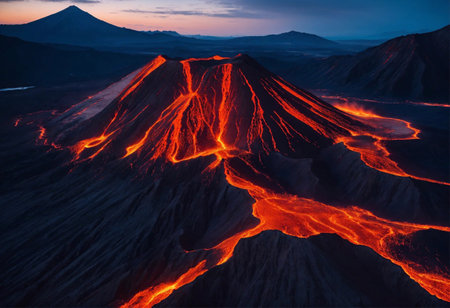 Volcanic Eruption with Hot Red lava Flowing. Generative AI. AI.の素材