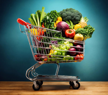 Supermarket Shopping Cart Trolley Full of Groceries and Fresh Produce. Generative Ai. Aiの素材
