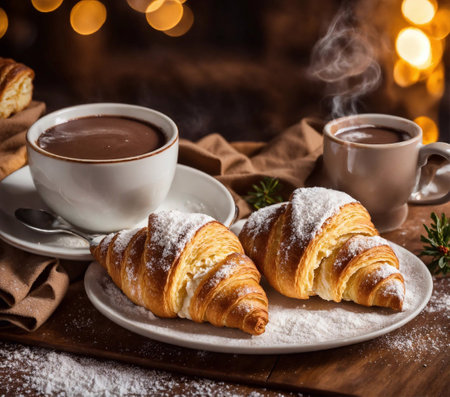 Freshly baked croissant pastry on a plate served with cup of hot chocolate. Generative Ai. Aiの素材