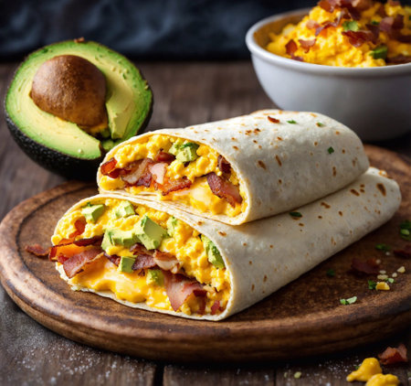 Two Portion of Breakfast Burrito with Creamy Scrambled Egg and Bacon. Generative Ai. Aiの素材