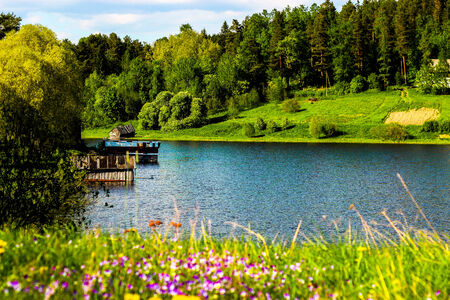 Lake with boat garagesの写真素材