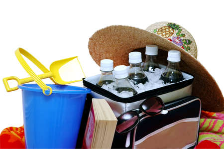 Cooler with Sun Hat, Sunglasses,Beach Towel, Book, and Sand Pail - clipping pathの写真素材