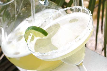Margarita and pitcher with salt and lime with palm tree in background.の写真素材