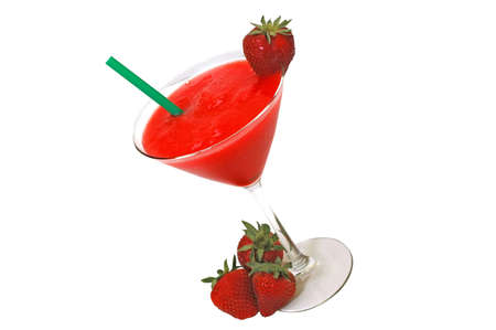 Strawberry daiquiri with strawberries and straw.  Isolated on white background の写真素材