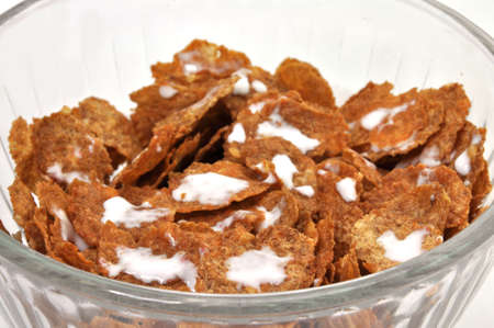 Closeup of bowl of wheat flakes cereal.