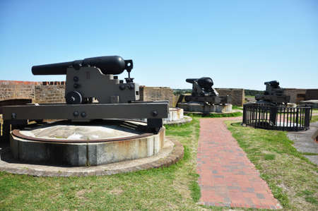 Three cannons on top of Fort Pulaski, Georgia.  