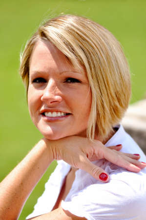 Blond female portrait closeup.の写真素材