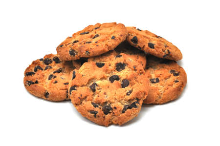 Stack of chocolate chip cookies isolated on white background.