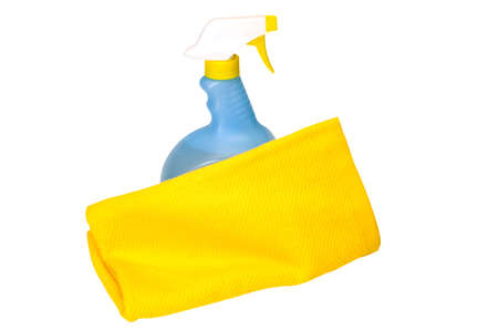 Spring cleaning with cleaning solution and towel   Isolated image on white background with clipping path の写真素材