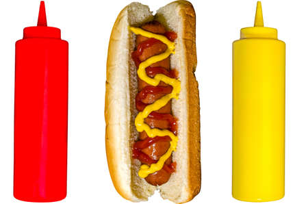 Hot Dog with Ketchup and Mustard Bottles Isolatedの写真素材