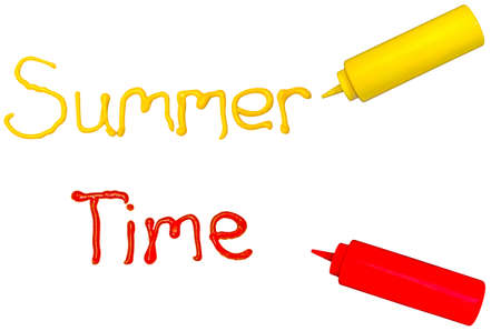 Summer time.  The words summer and time written in cursive with mustard and ketchup.の写真素材