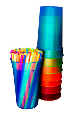Colorful straws and cups isolated on white background with clipping path.の写真素材