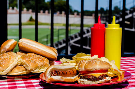American football party with cheeseburger, hot dog, potato chips, ketchup and mustard bottles and buns   Football field in background の写真素材