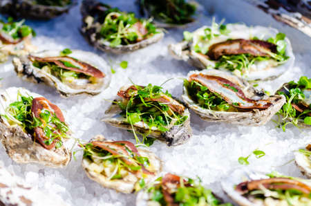 Gourmet oyster dish on ice の写真素材