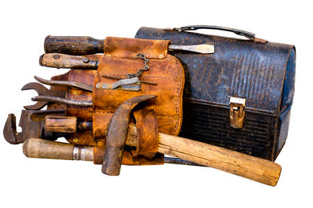 Vintage tools, tool belt, and lunch box isolated on white background with clipping path.の写真素材