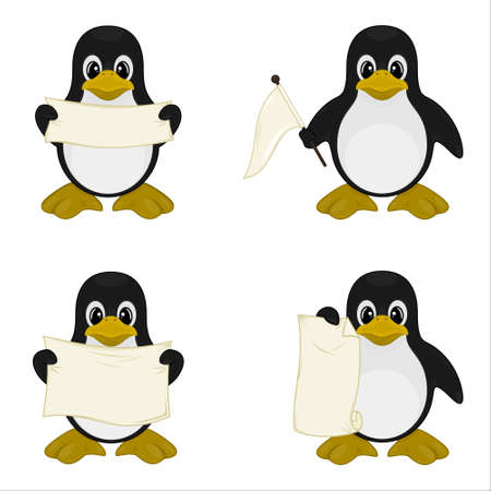 Vector design of four cute penguins holding signs, aesthetic cartoon, on a white backgroundのイラスト素材