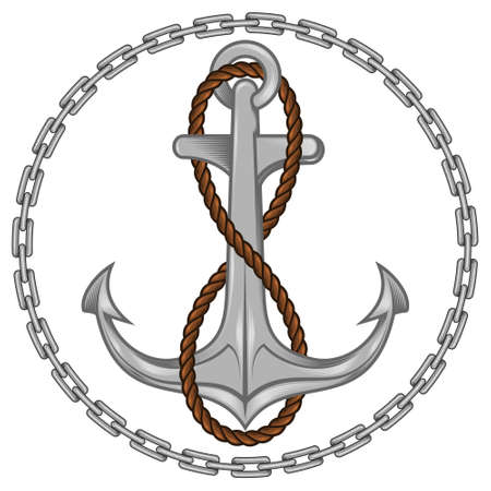 Vector illustration of dock anchor with rope surrounded by chains, on white backgroundのイラスト素材