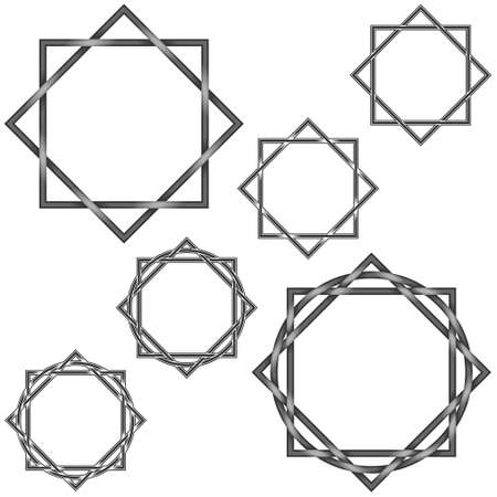 Illustration of 6 octagonal star with circle, in gray color, all on white background, easy to change color and useのイラスト素材
