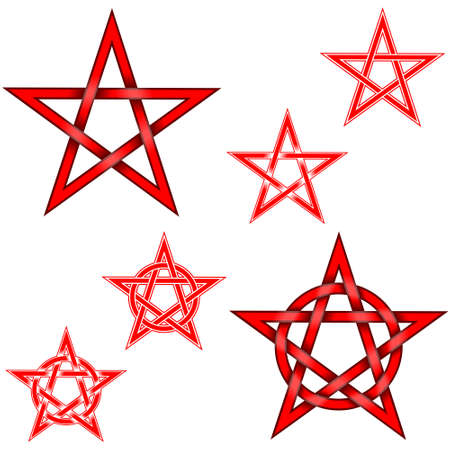 Illustration of 6 intertwined pentagram stars with a circle, in red, all on a white background, easy to change color and useのイラスト素材