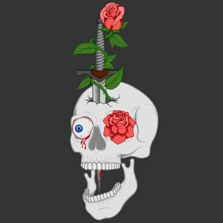 Illustration of skull dagger and roses, traditional art.のイラスト素材