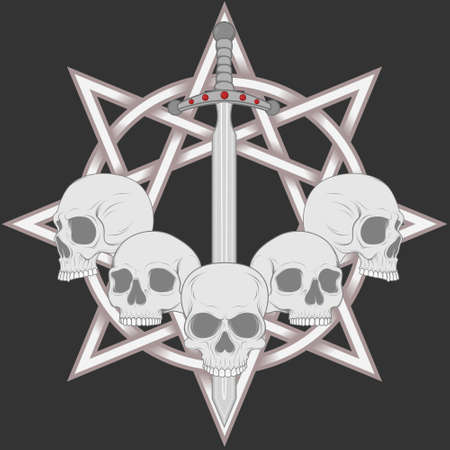 Illustration of skulls with sword and 8-pointed star in the background, traditional art.のイラスト素材