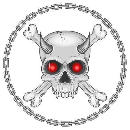 Vector design of demonic skull with bones surrounded by chains, all on white backgroundのイラスト素材