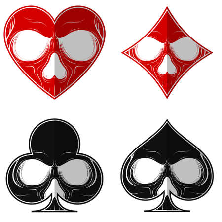 Vector design, skull with the four poker symbols, heart diamond ace clover, all on white background.