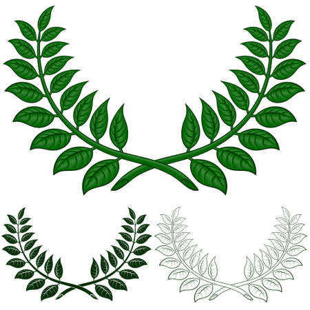 Laurel wreath vector design, two laurel branches making a semicircle in three different styles. All on white background.のイラスト素材