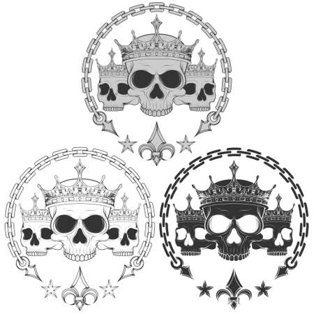Vector design of crowned skulls, with chains and fleur de lis, all on white backgroundのイラスト素材