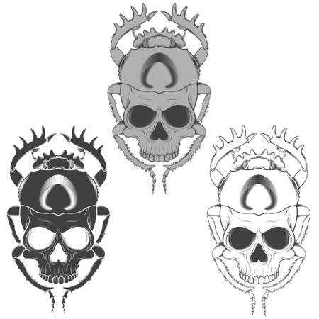 Vector silhouette of scary beetle with skull, illustration of death shape beetle, black and white silhouetteのイラスト素材
