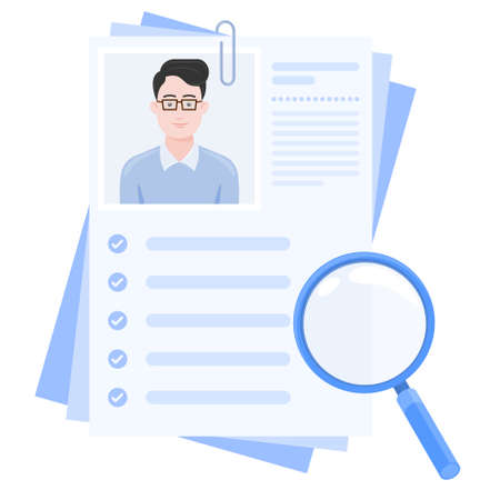 Vector design of curriculum vitae with photo of boy, resume for job search with magnifying glassのイラスト素材
