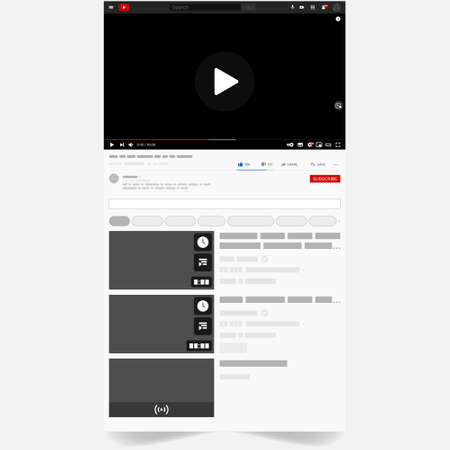 Video website interface vector design, online video playback and video tutorial, youtube video playback screenのイラスト素材
