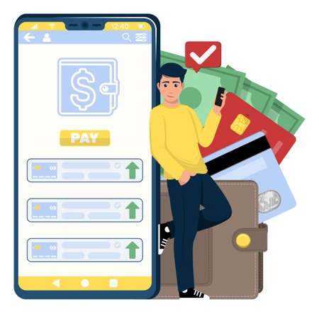 Vector design of man making Payment through electronic wallet with his mobile.のイラスト素材