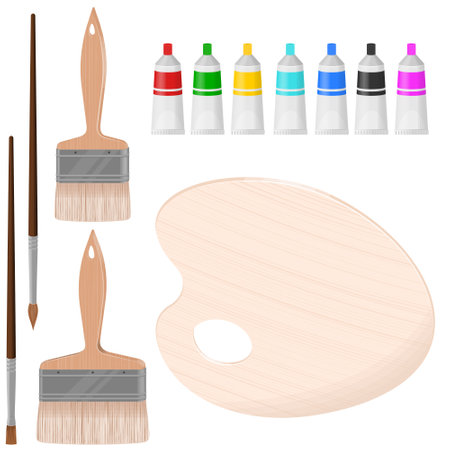 Illustration of tool for painting, Brushes, paintbrush, godetes, colorful paintのイラスト素材