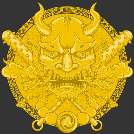 Hannya mask vector design, Japanese Oni Demon with kanabo and tomoe symbolのイラスト素材