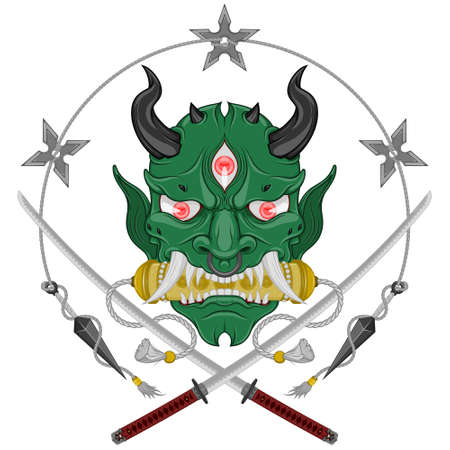 Vector illustration Kabuki mask of hannya, Japanese Oni Demon with katana, Kunai and Shurikenのイラスト素材