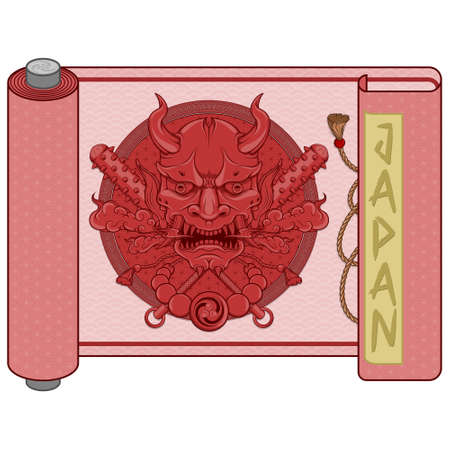 Japanese traditional scroll vector design with Demon Oni in hannya styleのイラスト素材
