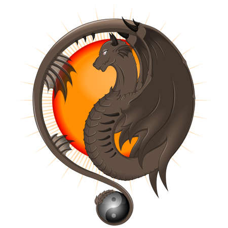 Dragon vector design with wings and yinyang symbol, and the sun in the backgroundのイラスト素材