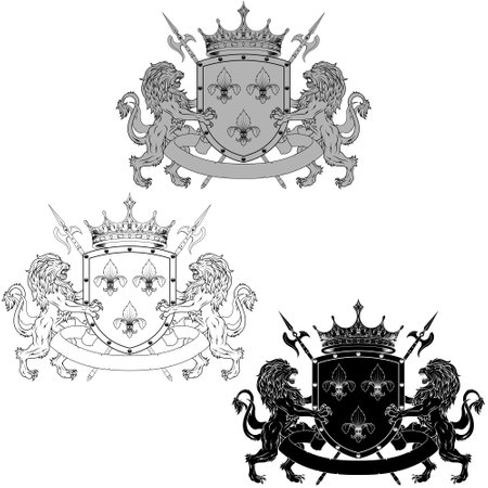Crowned heraldic shield with three silver fleur-de-lys, flanked by two rampant lions and halberdsのイラスト素材