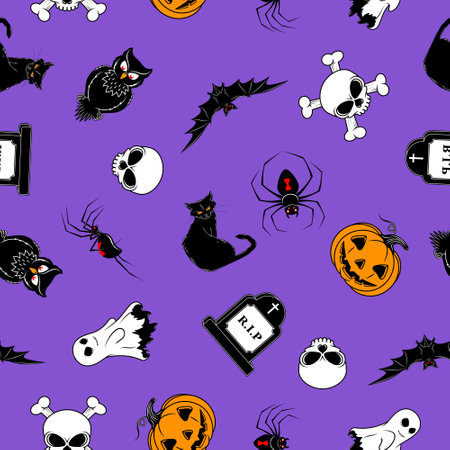 Vector design of pattern with characteristic elements of the Halloween party. Halloween pattern with bat, ghost, black cat, spiders, skulls and pumpkin.のイラスト素材