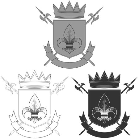 Middle ages heraldic shield vector design, coat of arms with fleur de lis heraldic symbol, with halberd, crown and ribbonのイラスト素材
