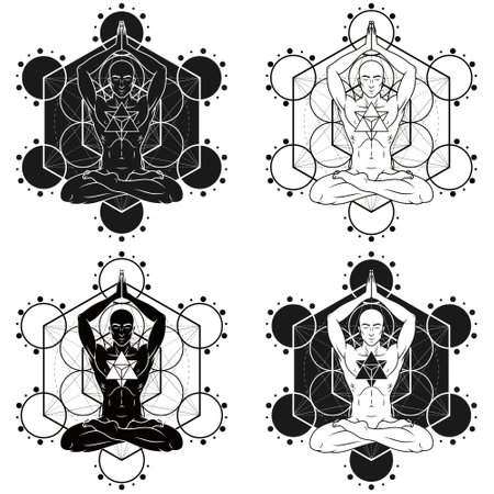 Vector design of Man Meditating in lotus position with and Merkaba, man doing yoga and metatron figure in the backgroundのイラスト素材