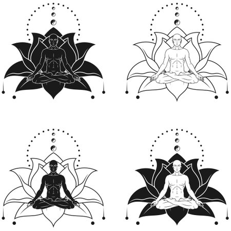Vector design of Man Meditating in lotus position, man doing yoga and lotus flower in backgroundのイラスト素材